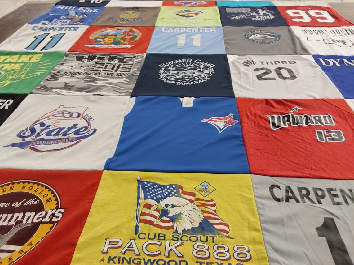 T-shirt quilt with scouting, youth sports themes by Autumn from OR