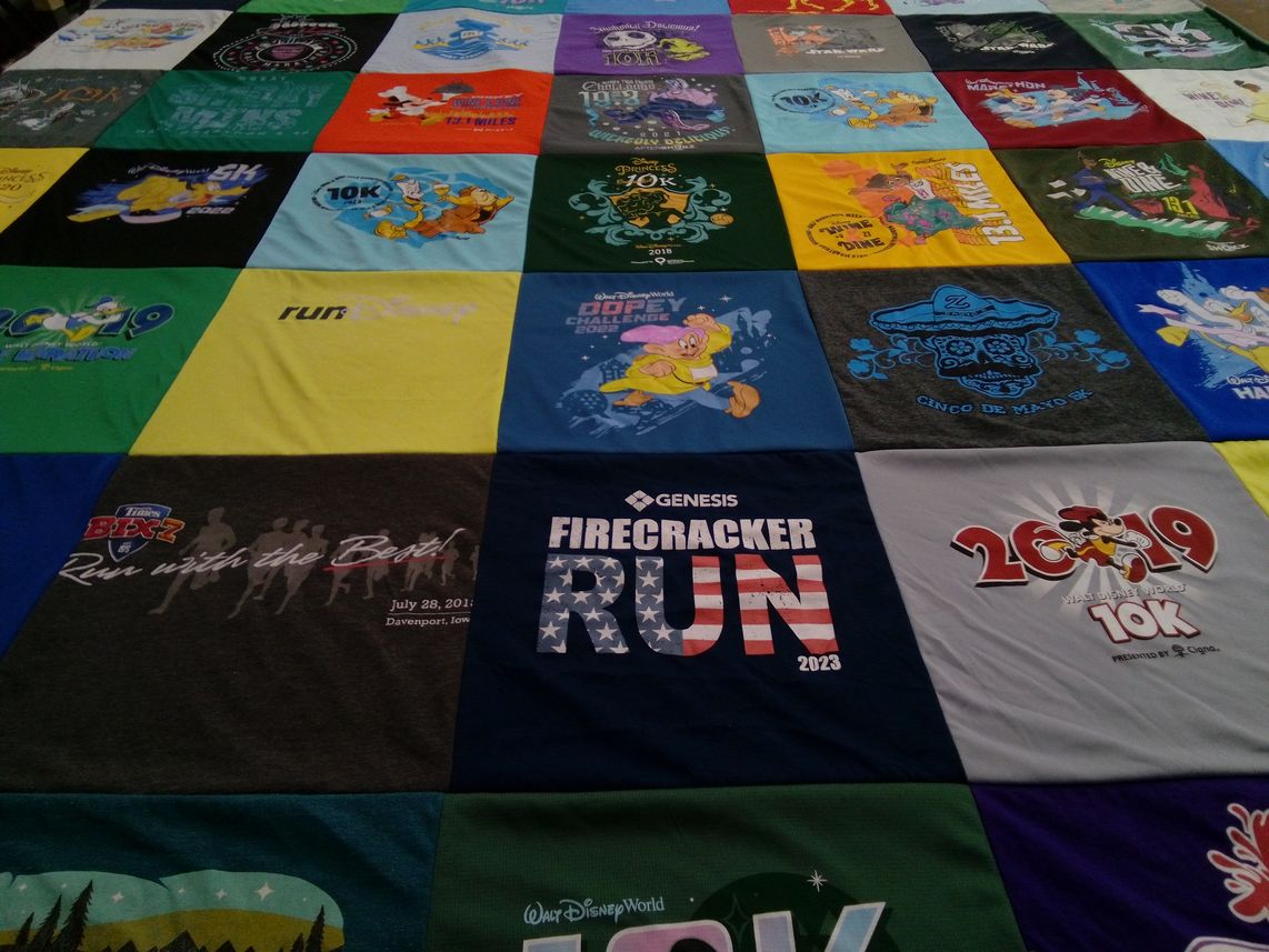 T-shirt quilt with running, marathons themes by Mary from IL