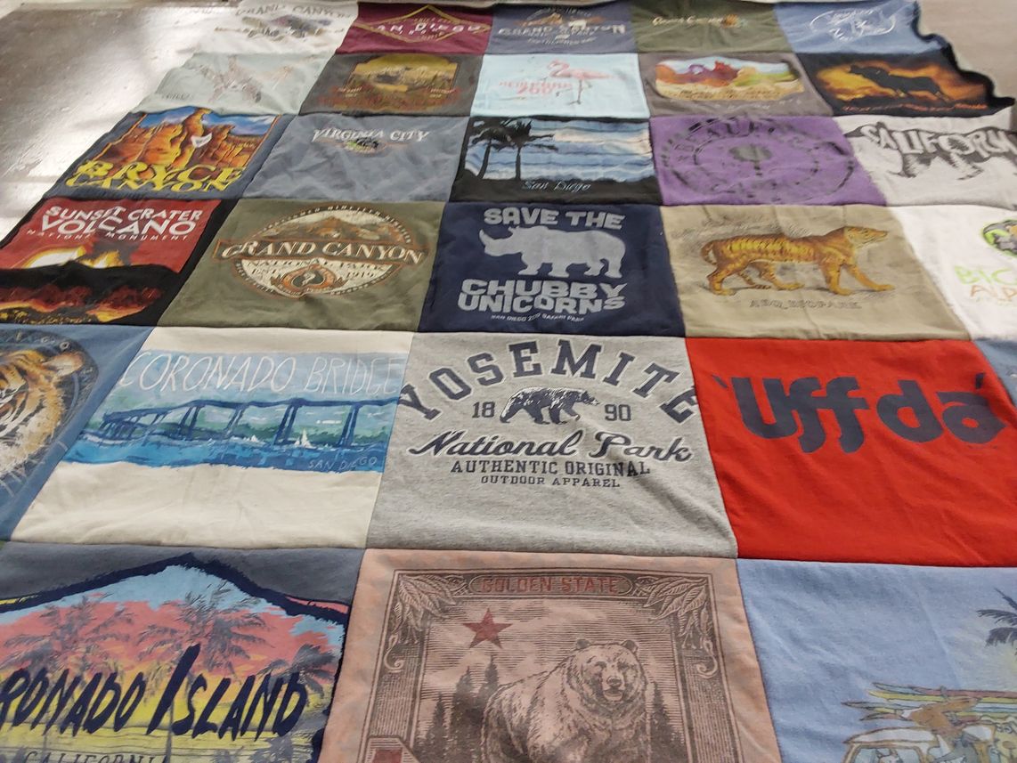 T-shirt quilt with national parks, travel themes by suzanne from AZ