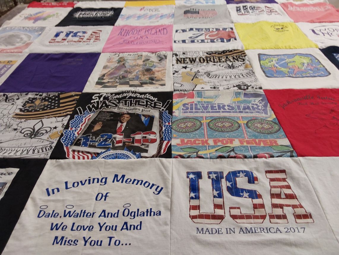 T-shirt quilt with travel, memorials themes by Donna from NC