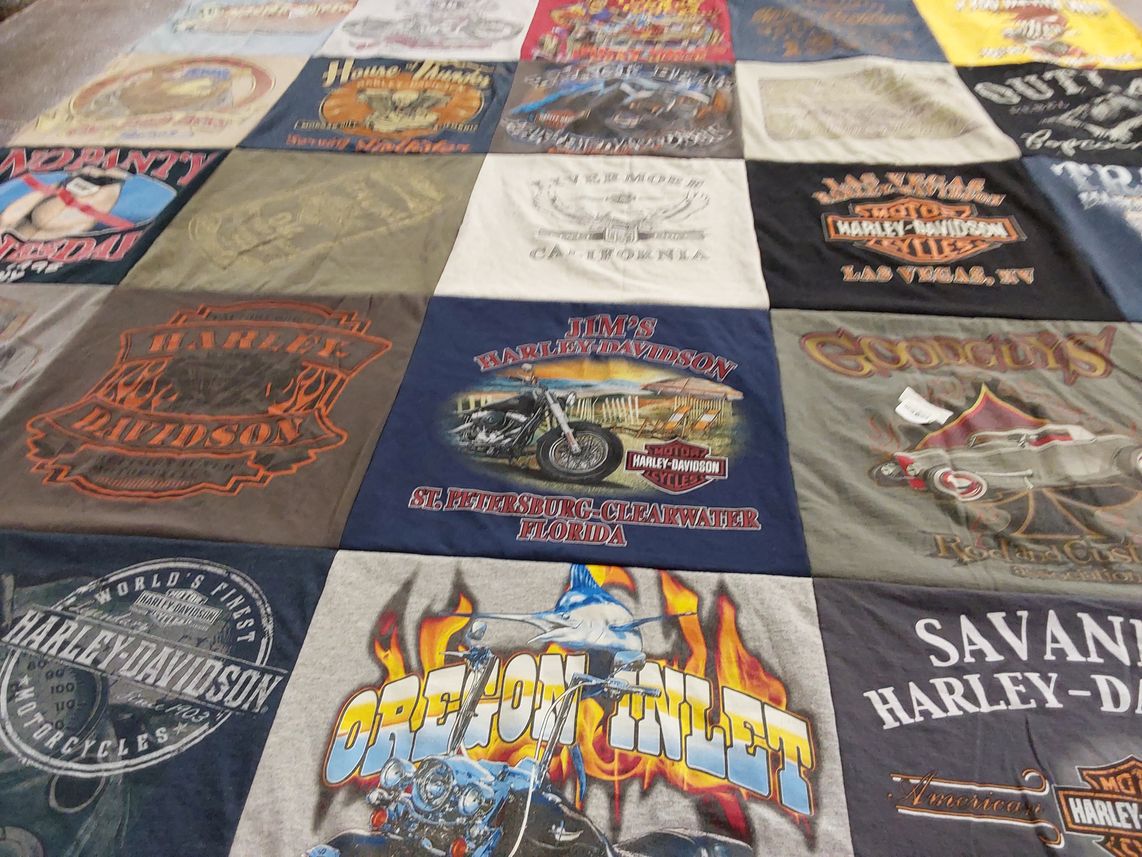 T-shirt quilt with motorcycles, biking themes by Michael from NC