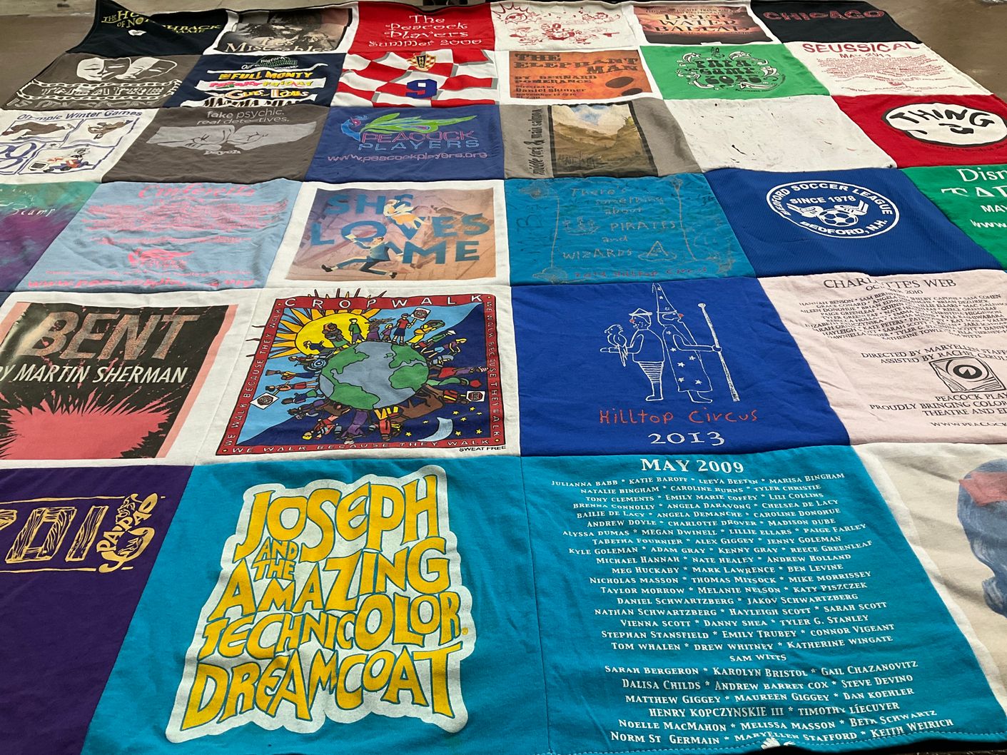 T-shirt quilt with theater, performing arts themes by Alexandra from NH