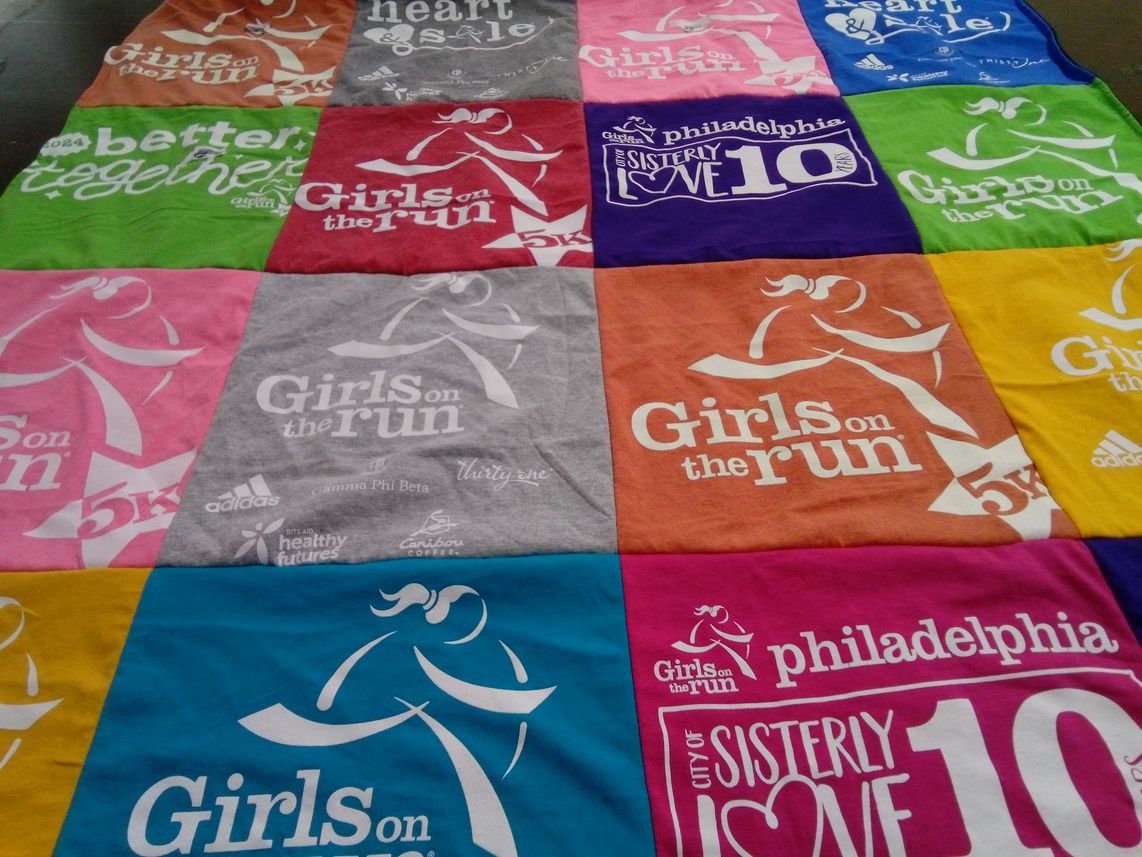 T-shirt quilt with running, fitness themes by Heather from PA