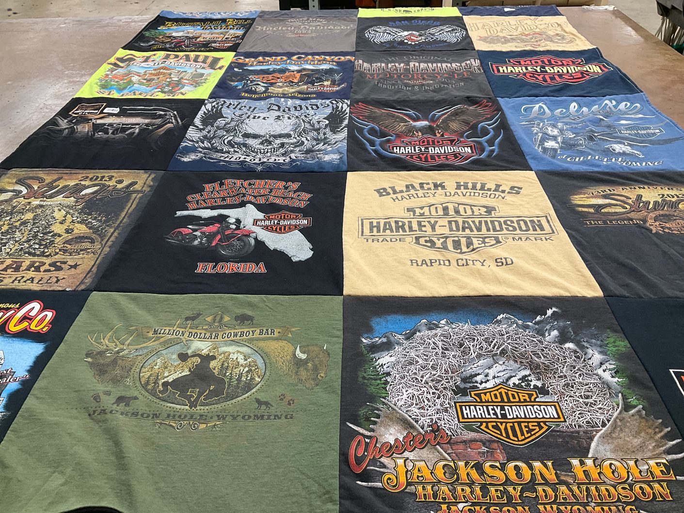 T-shirt quilt with motorcycles, travel themes by Dionne from CA