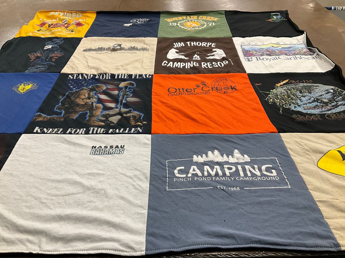 T-shirt quilt with camping, travel themes by Chanin from PA