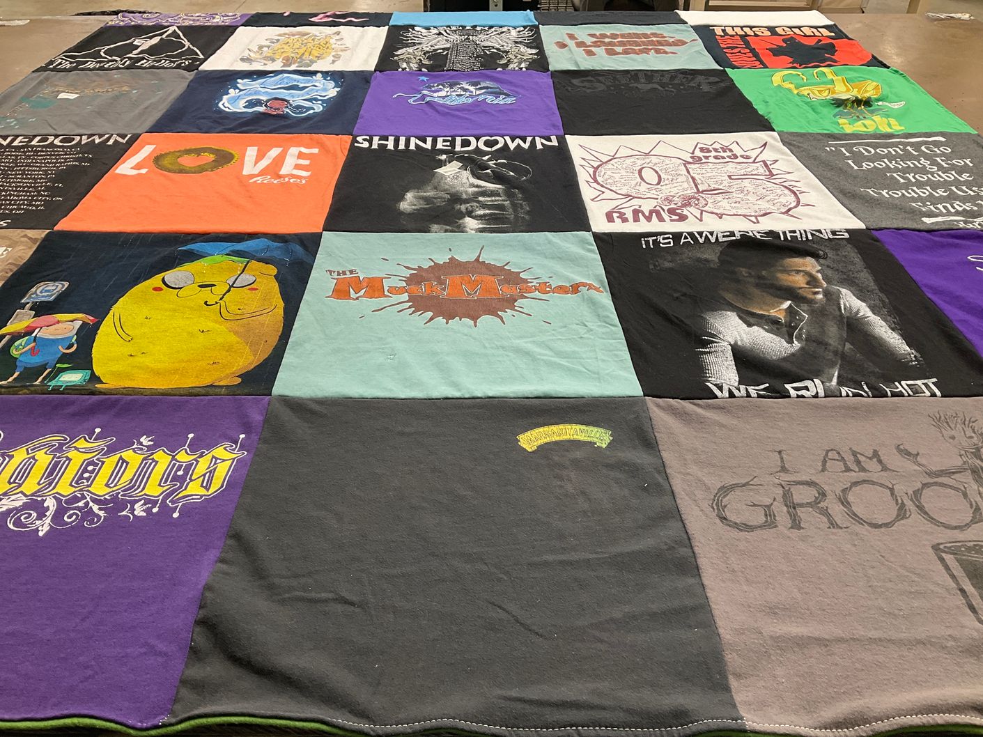 T-shirt quilt with music, tv shows themes by Constance from NJ