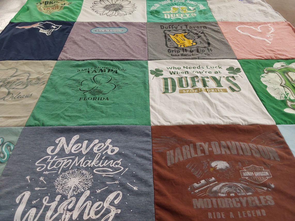T-shirt quilt with motorcycles, food themes by Carrie from MA