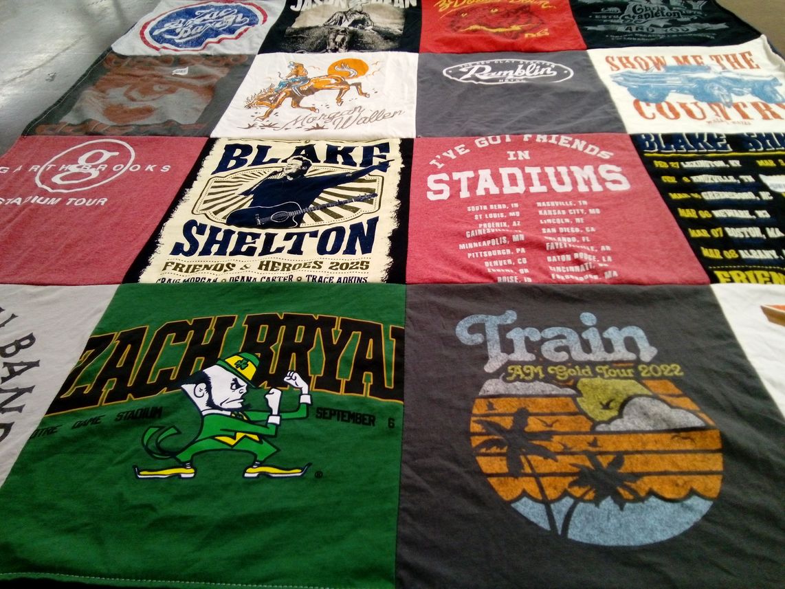 T-shirt quilt with country music, concerts themes by Paula from NH