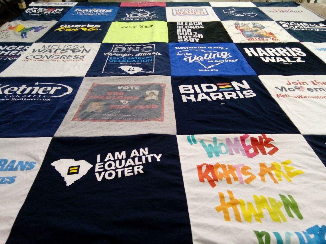 T-shirt quilt with politics, activism themes by Sarah from SC