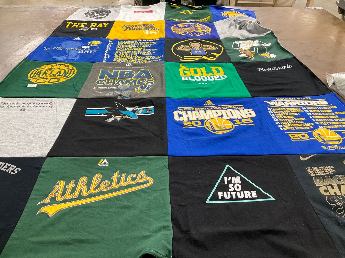 T-shirt quilt featuring golden state warriors, oakland athletics by Mary Ann from IN