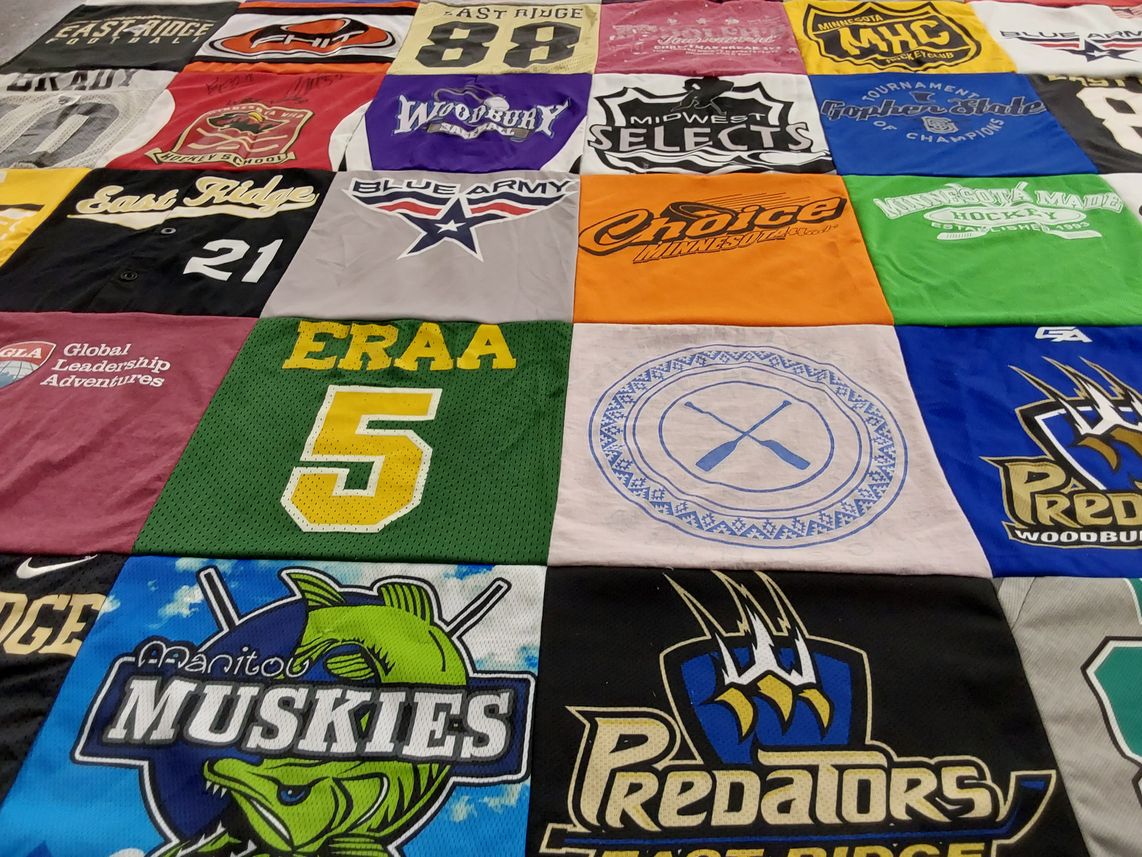 T-shirt quilt featuring manitoba muskis, predators team by Lindsay from MN