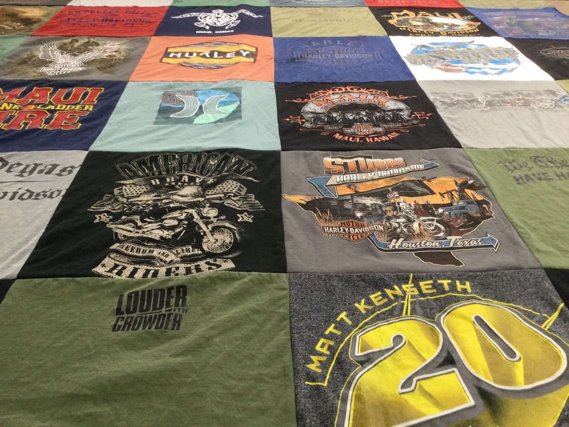 T-shirt quilt with motorcycles, music themes by Sarah from CA