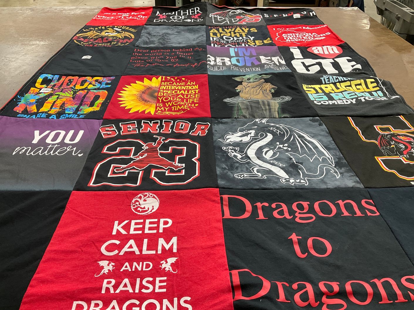 T-shirt quilt with mental health, comedy themes by Susan from AZ