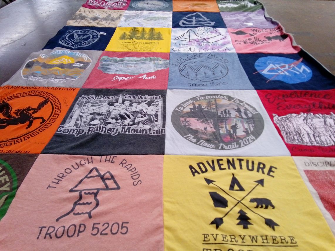 T-shirt quilt with outdoor activities, scouting themes by Megan from GA