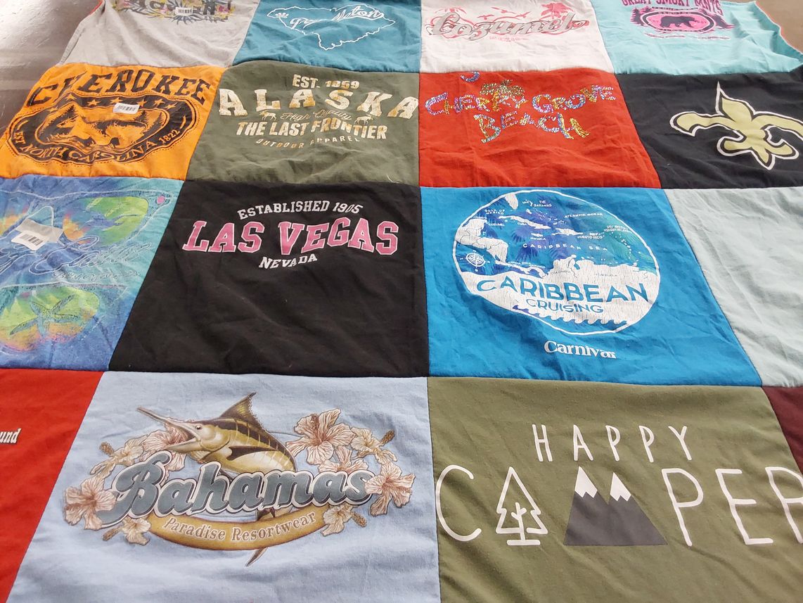 T-shirt quilt with travel, camping themes by Traci from SC