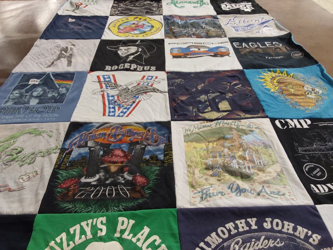 T-shirt quilt with music, rock themes by Marcia from GA