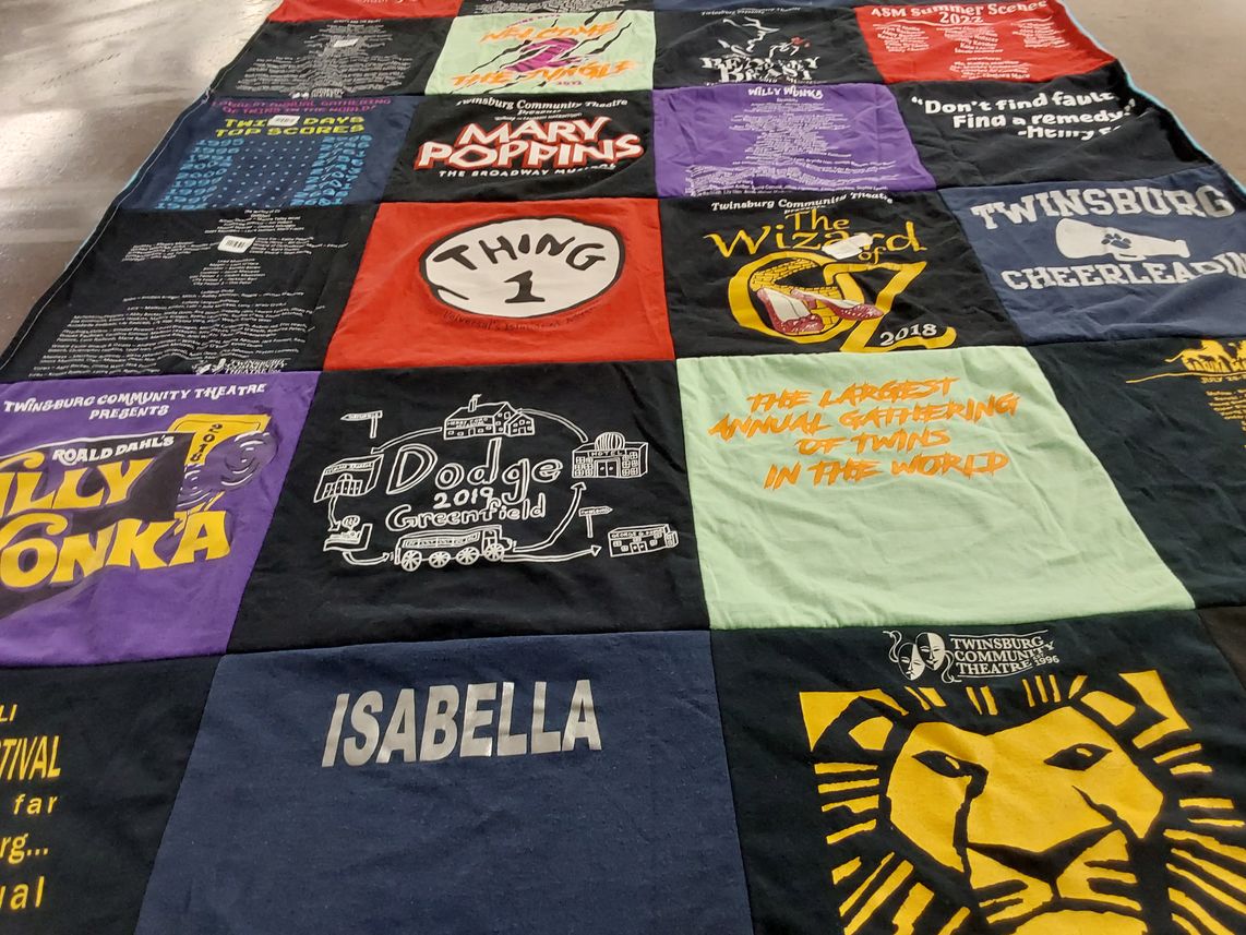 T-shirt quilt with theatre, musicals themes by Laura from OH