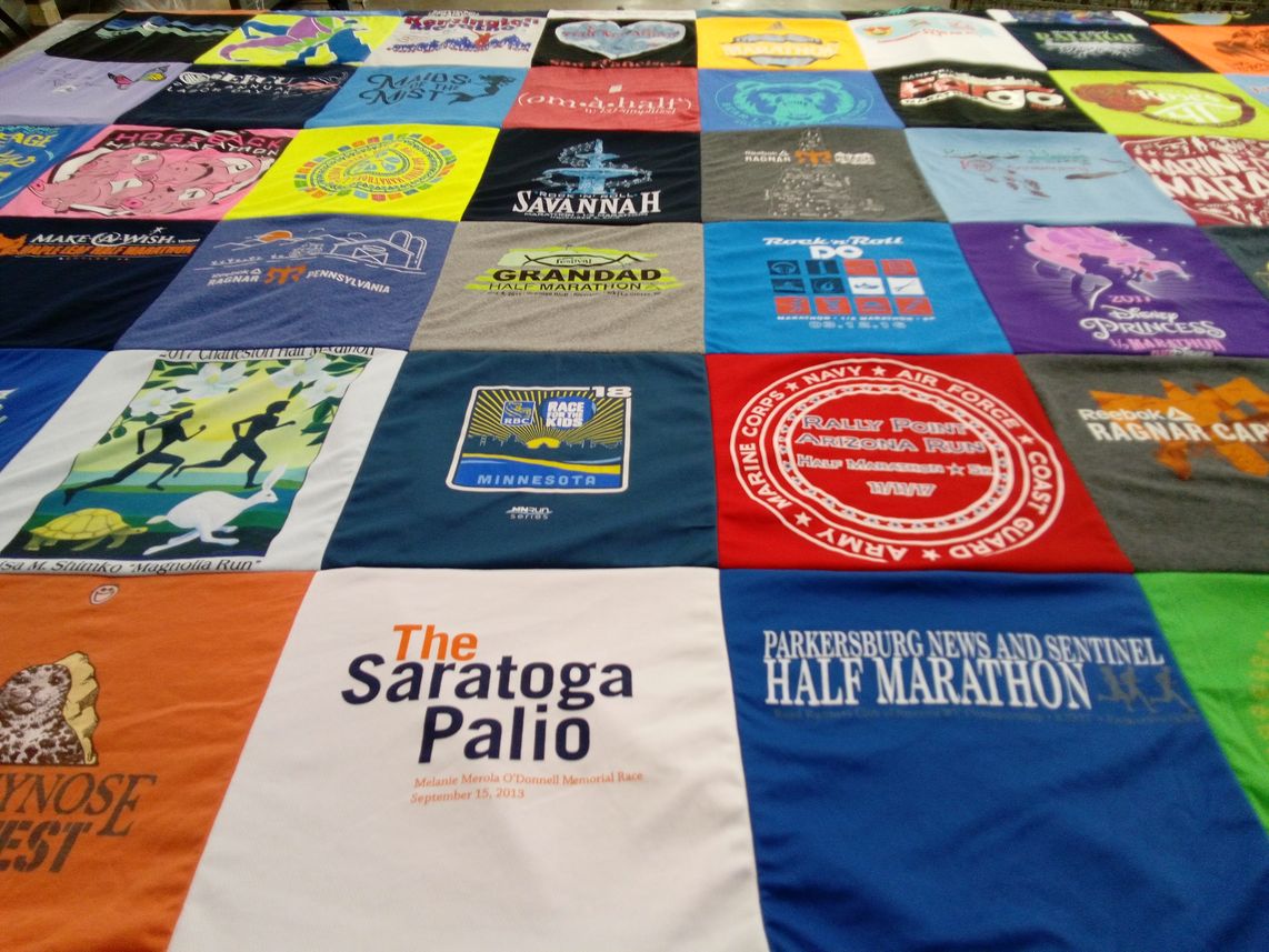 T-shirt quilt with running, marathons themes by Sandy from NY