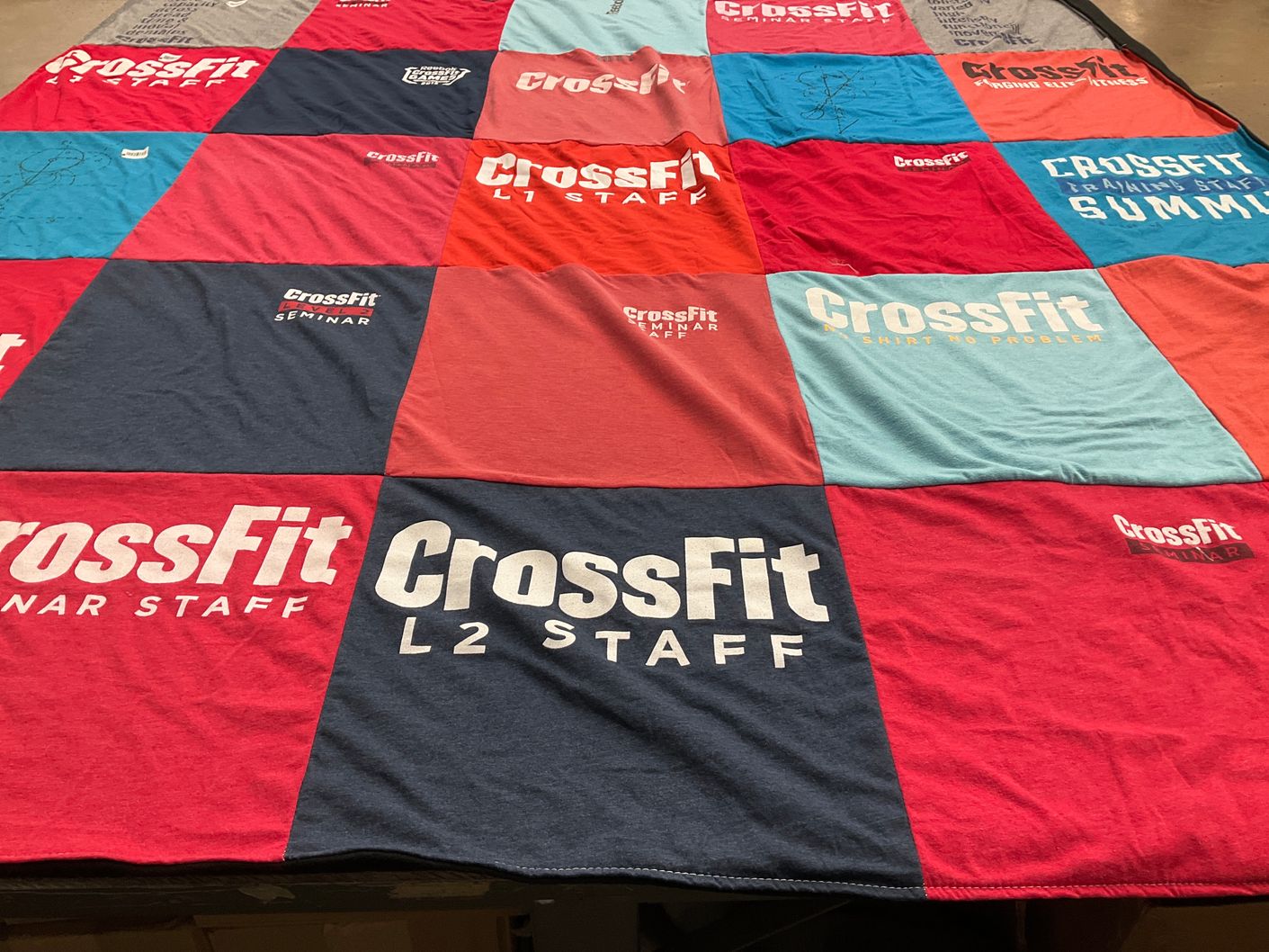 T-shirt quilt with fitness, crossfit themes by Lauren from NC