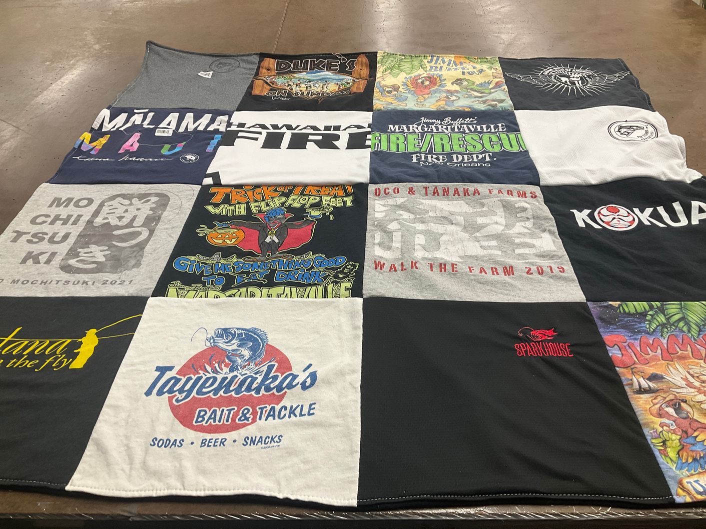 T-shirt quilt with fishing, food themes by Don from CA