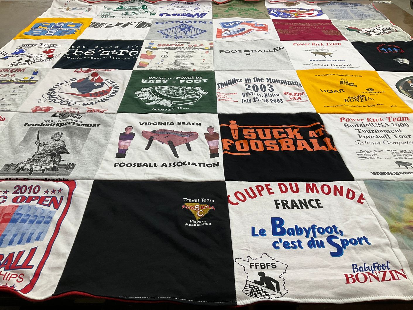 T-shirt quilt with foosball, sports themes by Gloria from NC