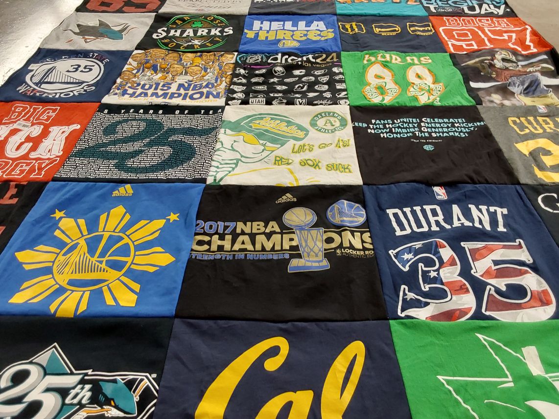 T-shirt quilt featuring golden state warriors, oakland athletics by Jaimie from CA
