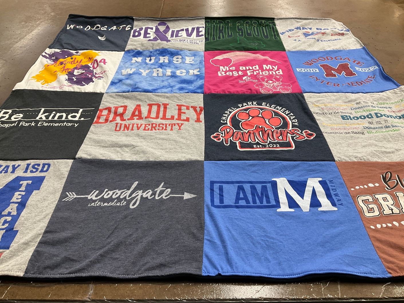 T-shirt quilt featuring chapel park elementary panthers by Ruth from TX