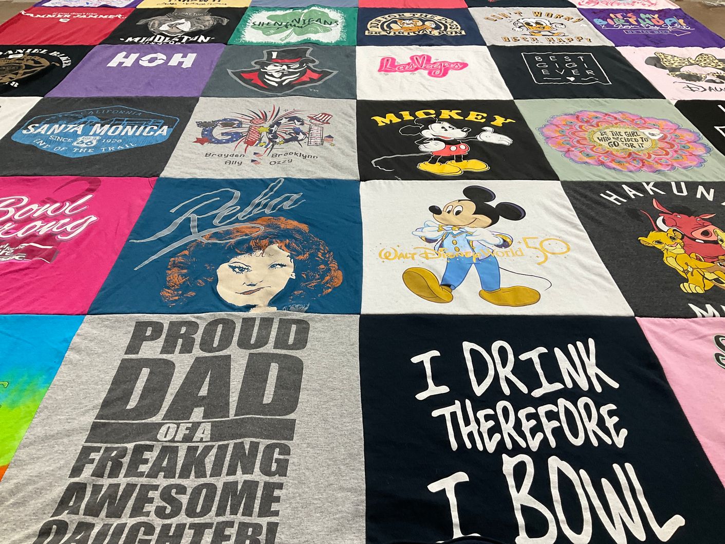 T-shirt quilt with disney, bowling themes by Geri from TN