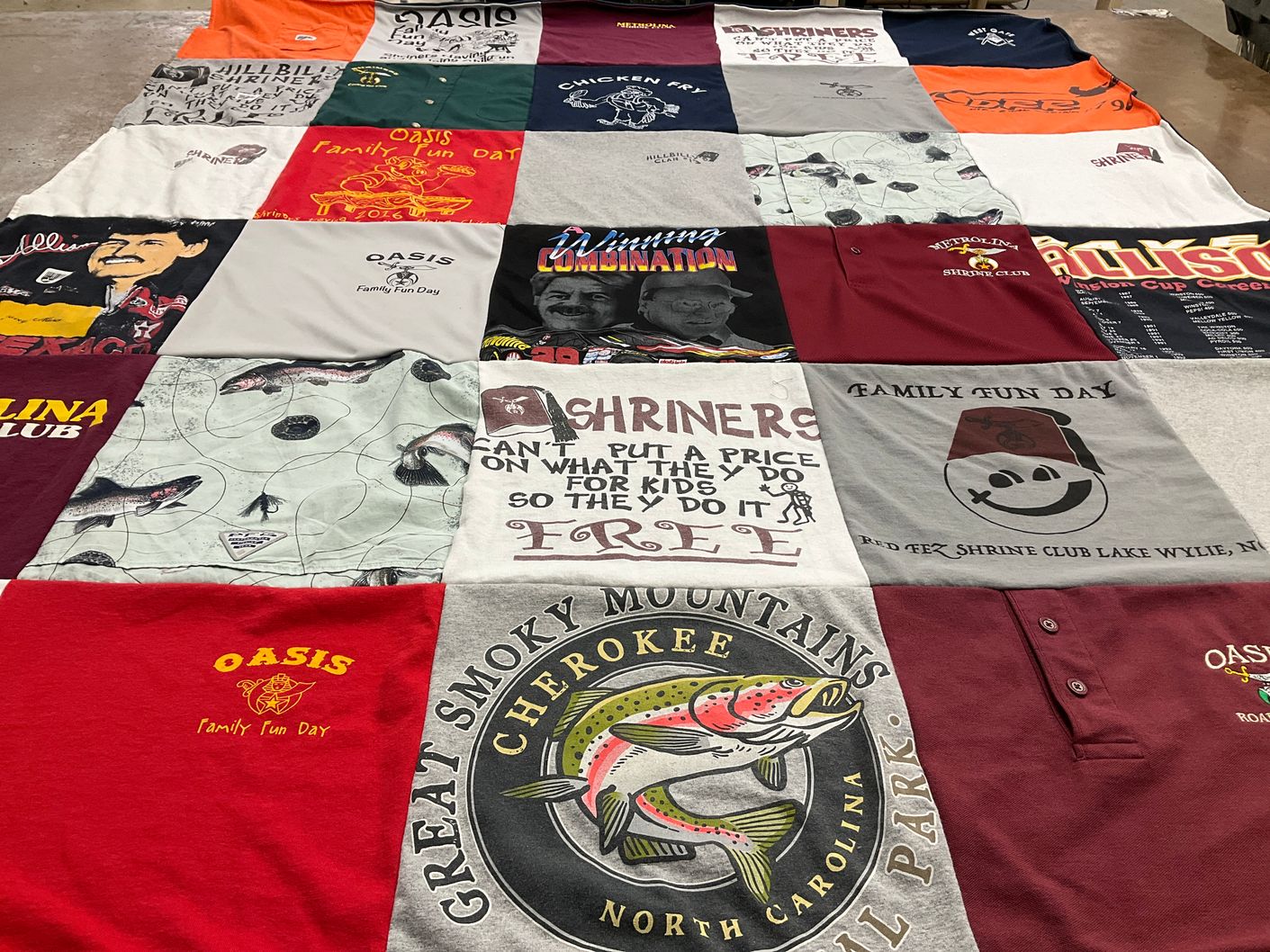 T-shirt quilt with family events, outdoor activities themes by robin from NC