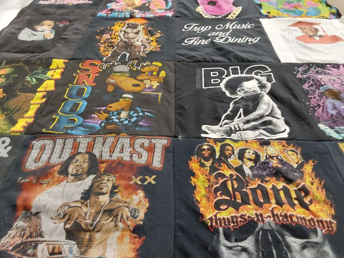 T-shirt quilt with music, hip hop themes by Janielle from VA