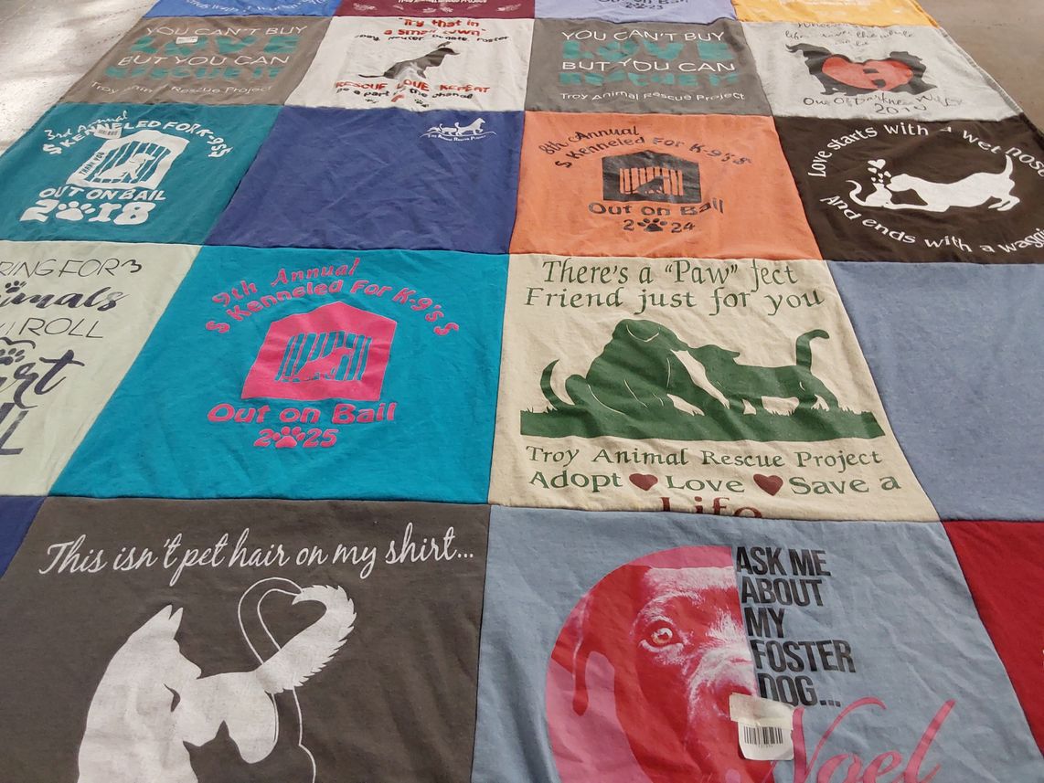 T-shirt quilt with animal rescue, pet adoption themes by Melissa from AL