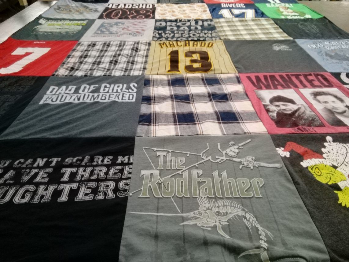 T-shirt quilt with family, fishing themes by Gabrielle from CA