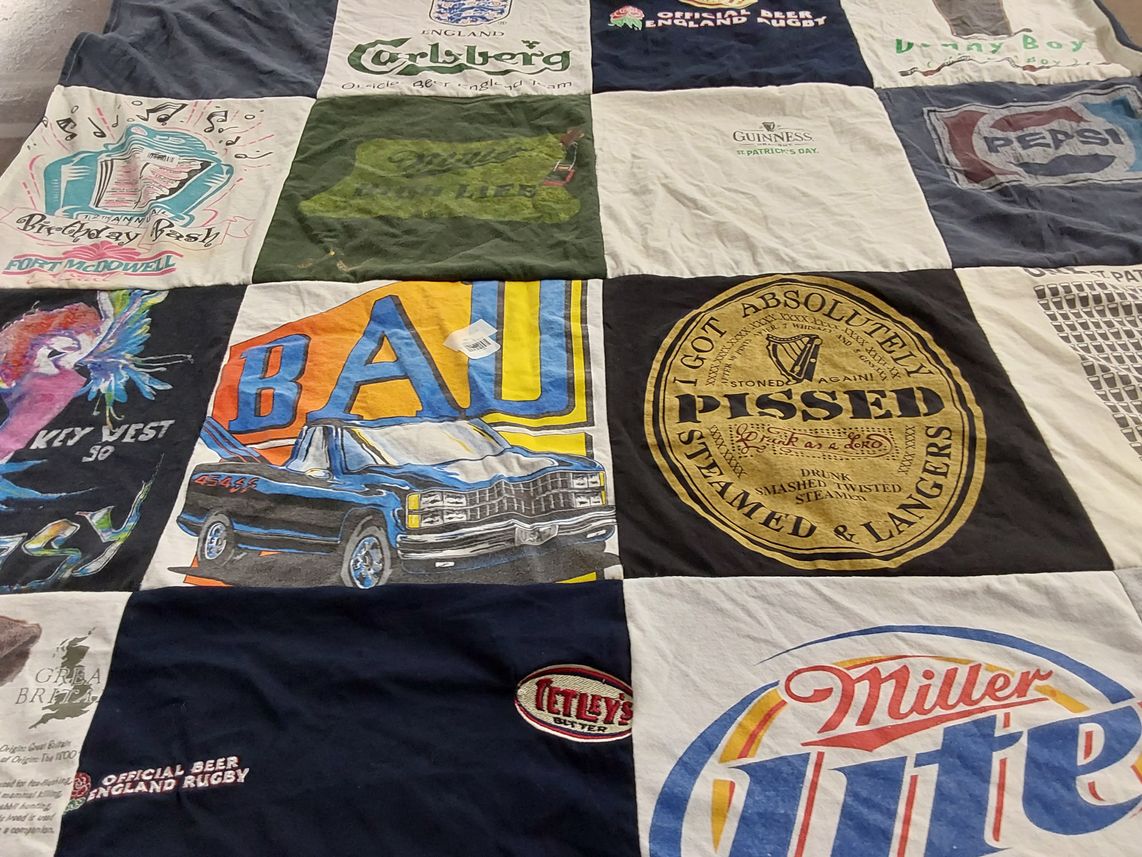 T-shirt quilt with beer, rugby themes by Chris from FL