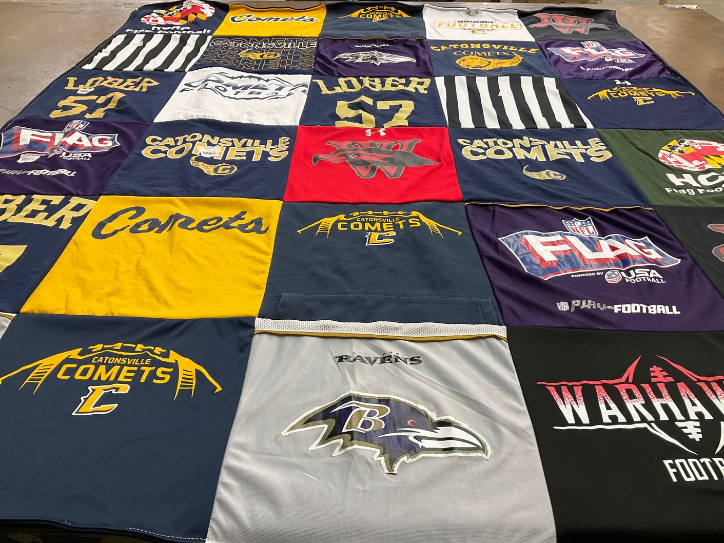 T-shirt quilt featuring catonsville comets, baltimore ravens by Kimberly from MD