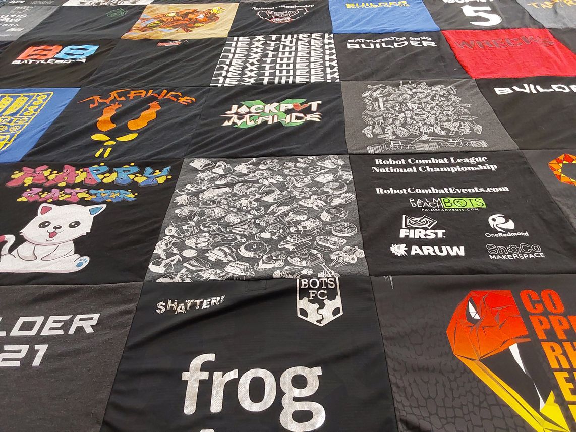 T-shirt quilt with robotics, combat robotics themes by Adrian from CA