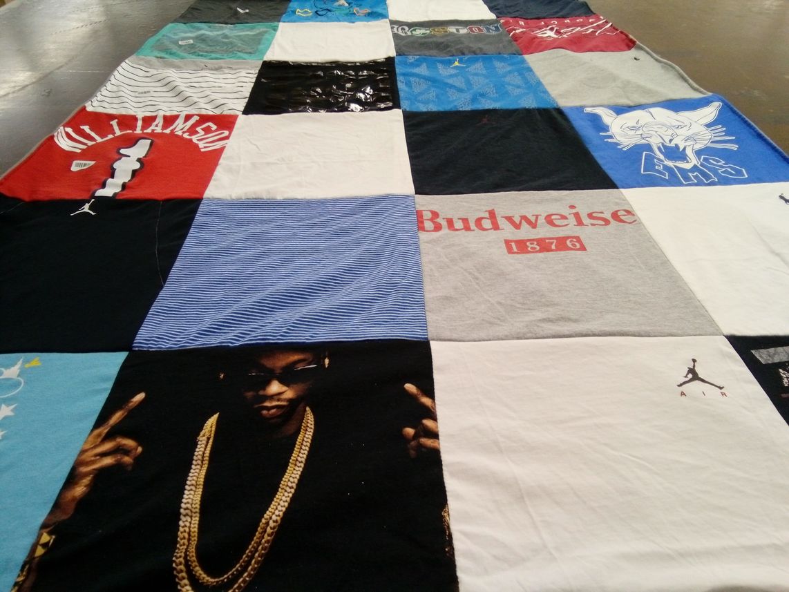 T-shirt quilt with music, sports themes by Maureen from FL