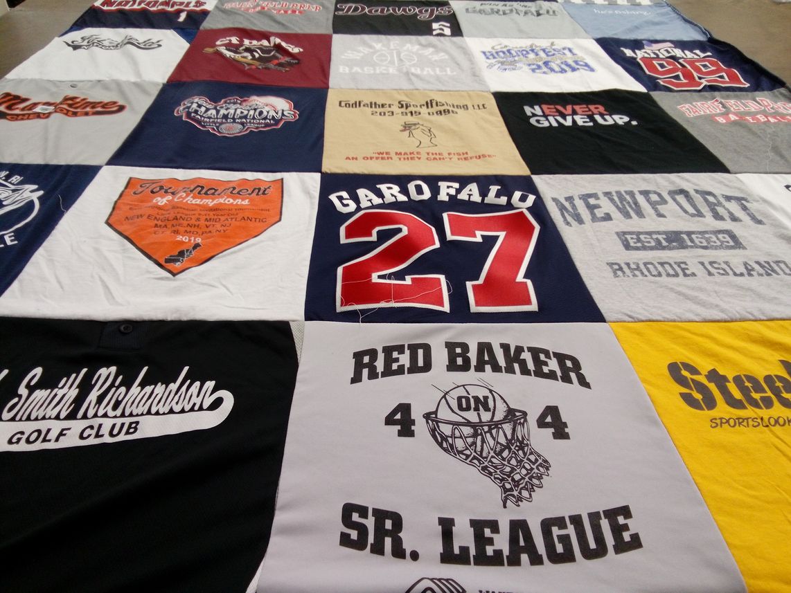 T-shirt quilt with basketball, golf themes by Heather from CT