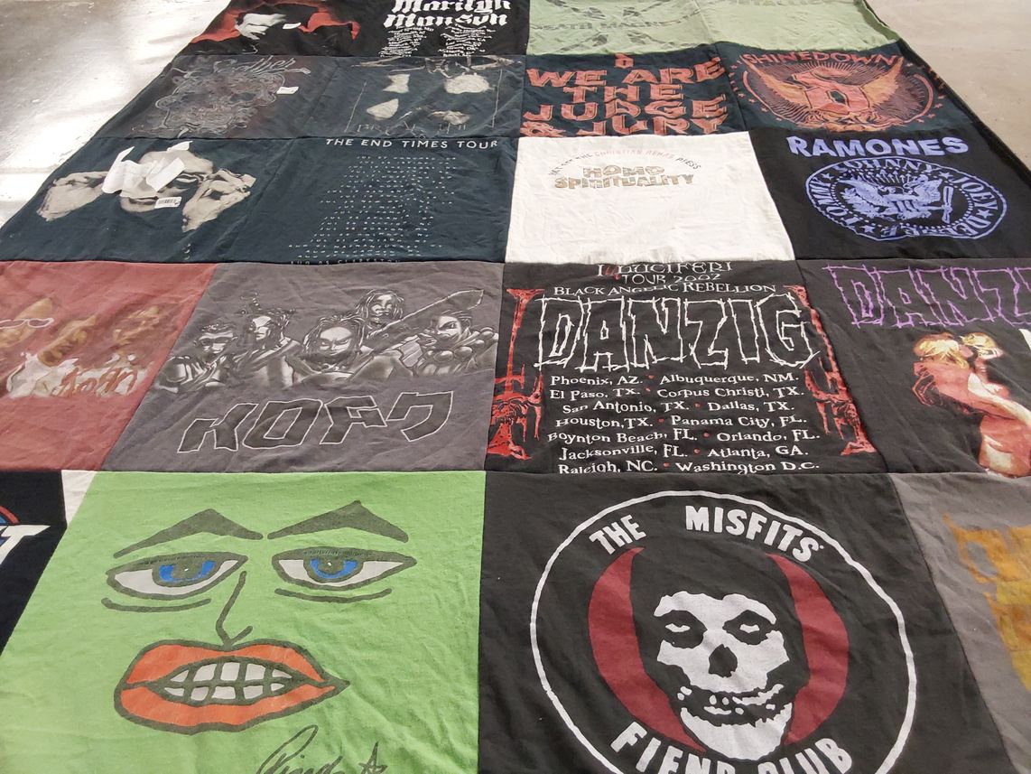 T-shirt quilt with music, rock themes by Andrea from GA