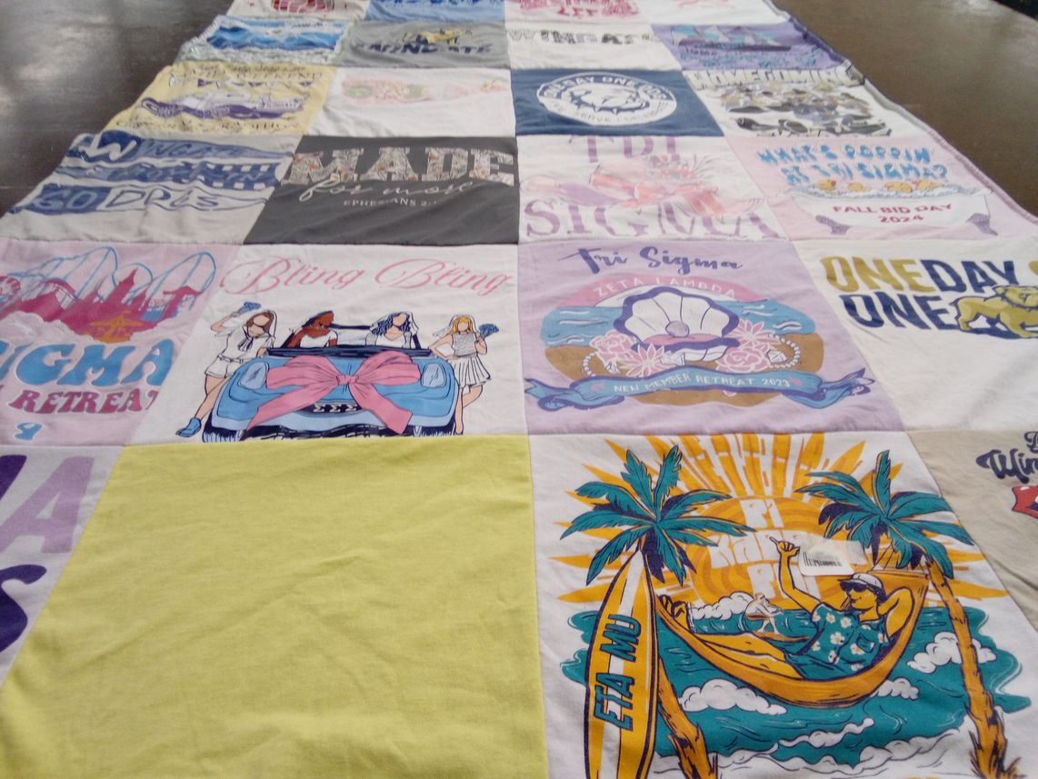 T-shirt quilt with sororities, retreats themes by Payton from NC