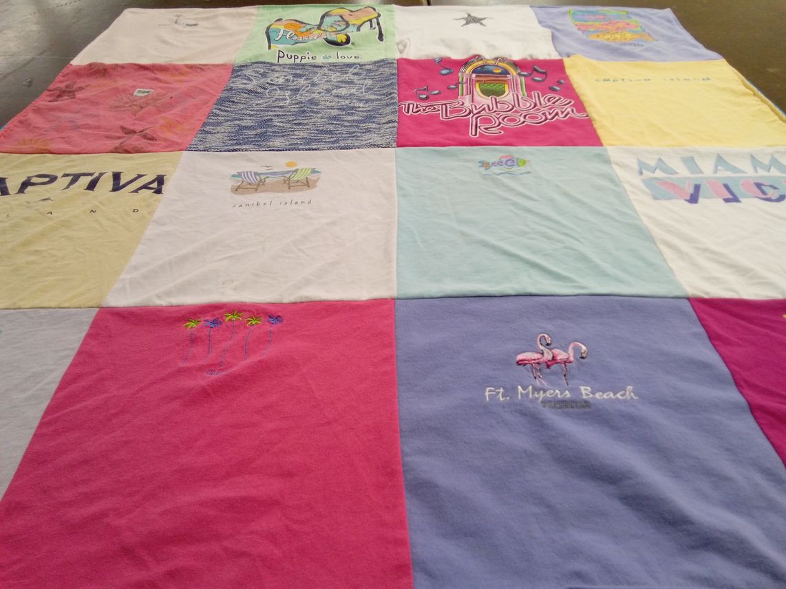 T-shirt quilt with beach, vacation themes by Sarah from NH