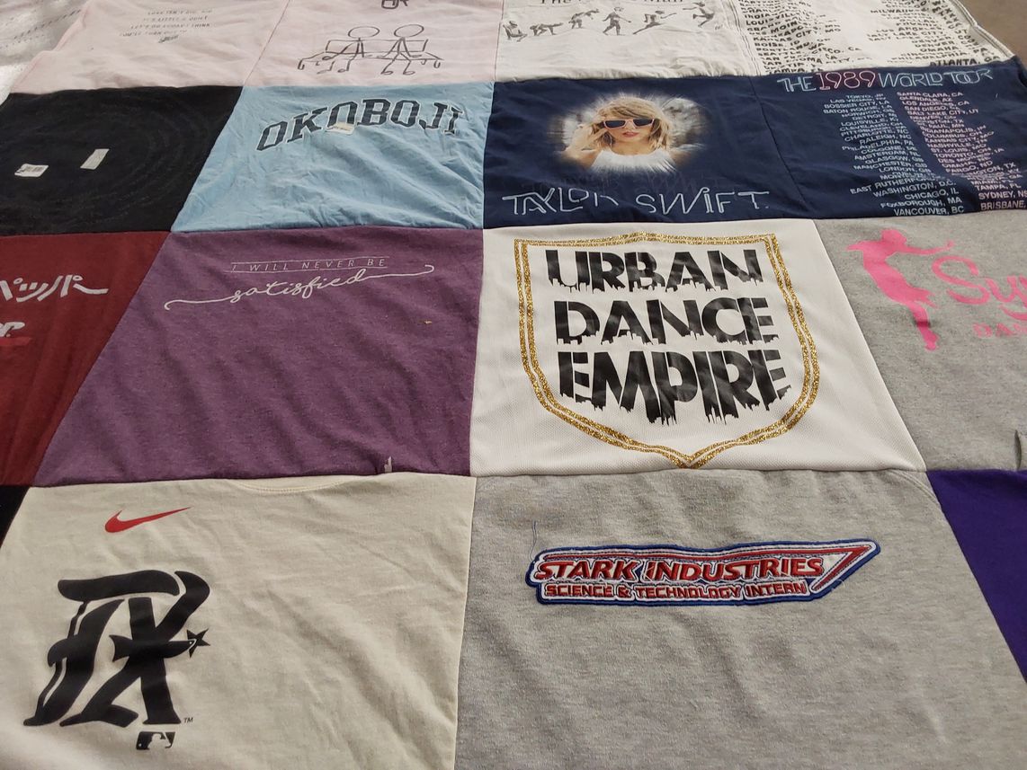T-shirt quilt with music, dance themes by Anne from TX