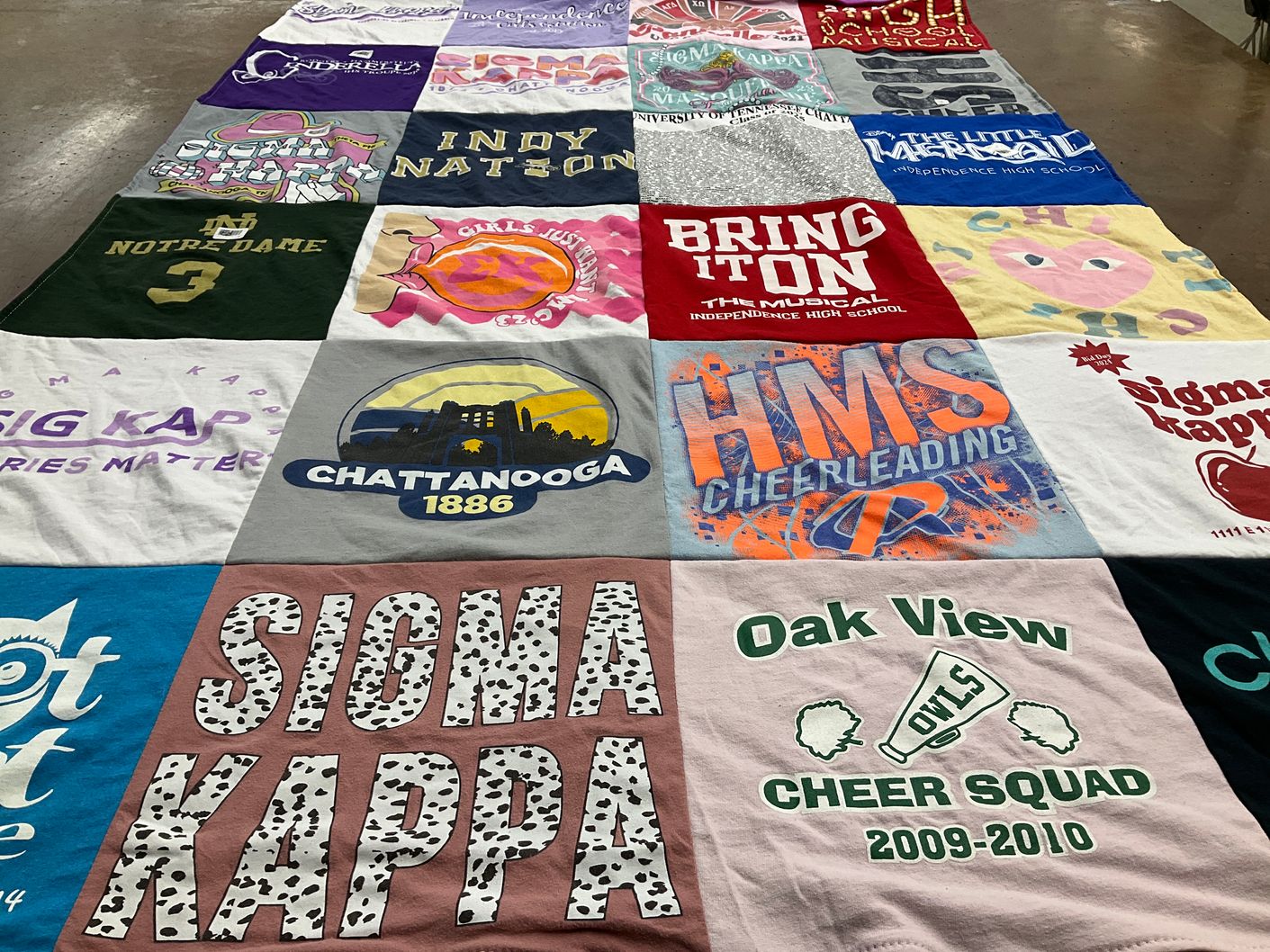T-shirt quilt featuring oak view owls cheer squad by Jen from TN