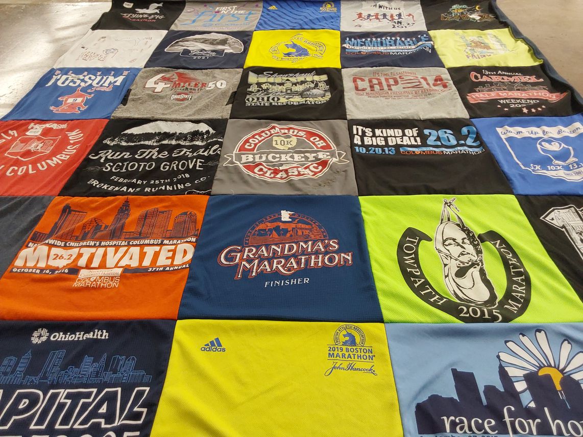 T-shirt quilt with running, marathons themes by Shelley from OH