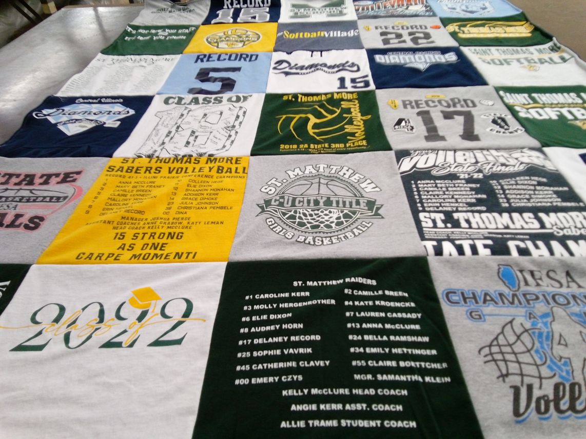 T-shirt quilt featuring st. thomas more sabers volleyball, st. matthew raiders basketball by Stephanie from IL