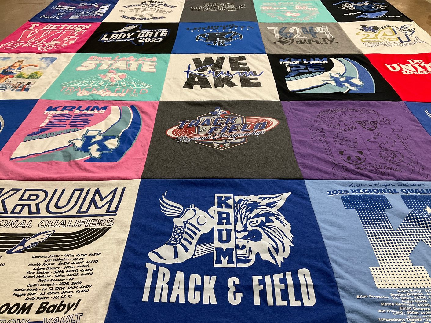 T-shirt quilt featuring krum lady cats, krum track and field by John from TX