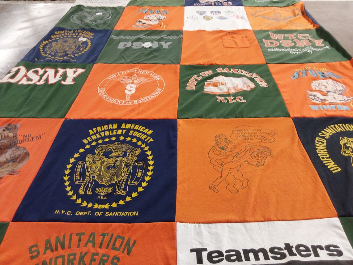 T-shirt quilt with labor, community themes by Deborah from NY