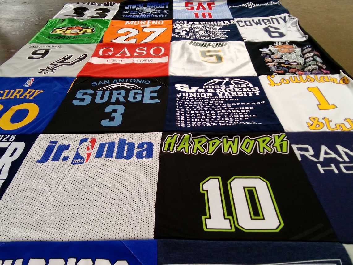T-shirt quilt from louisiana state university, san antonio rangers junior varsity by Sheryl from TX