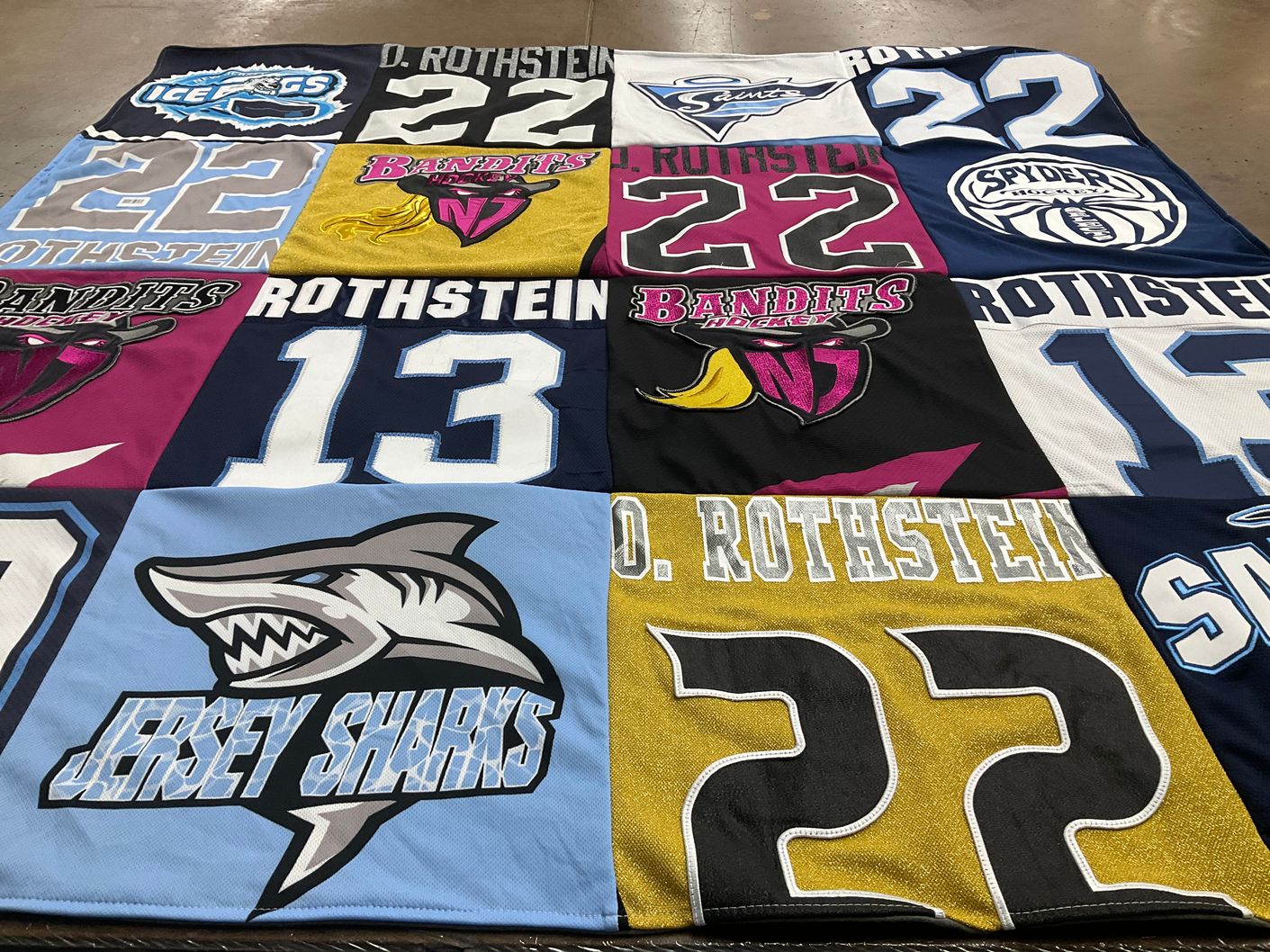 T-shirt quilt featuring jersey sharks, bandits hockey by Linda from NJ