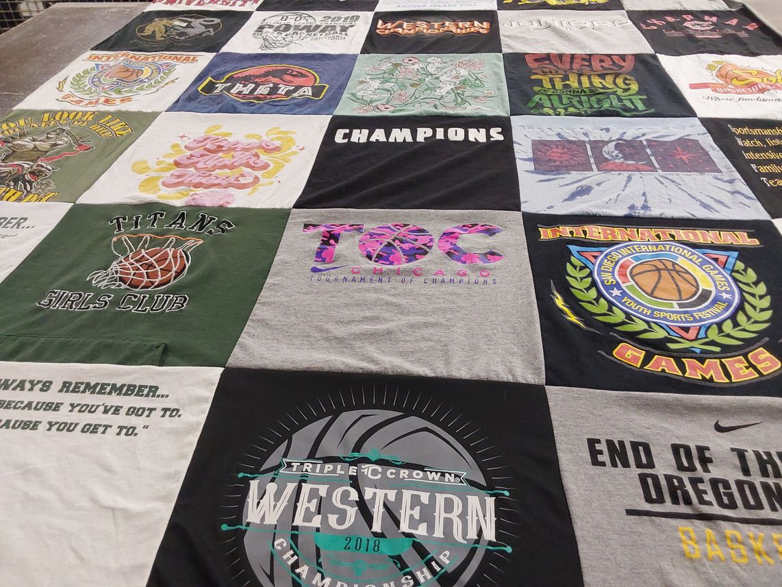 T-shirt quilt with sports, basketball themes by Koleti from CA