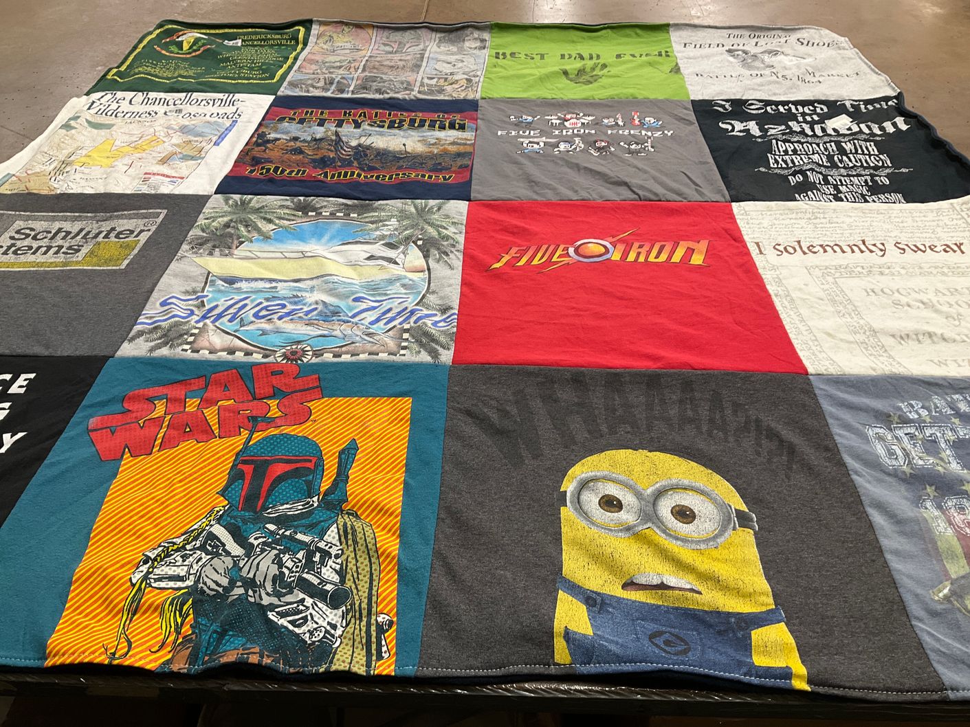 T-shirt quilt with star wars, minions themes by Rebecca from PA
